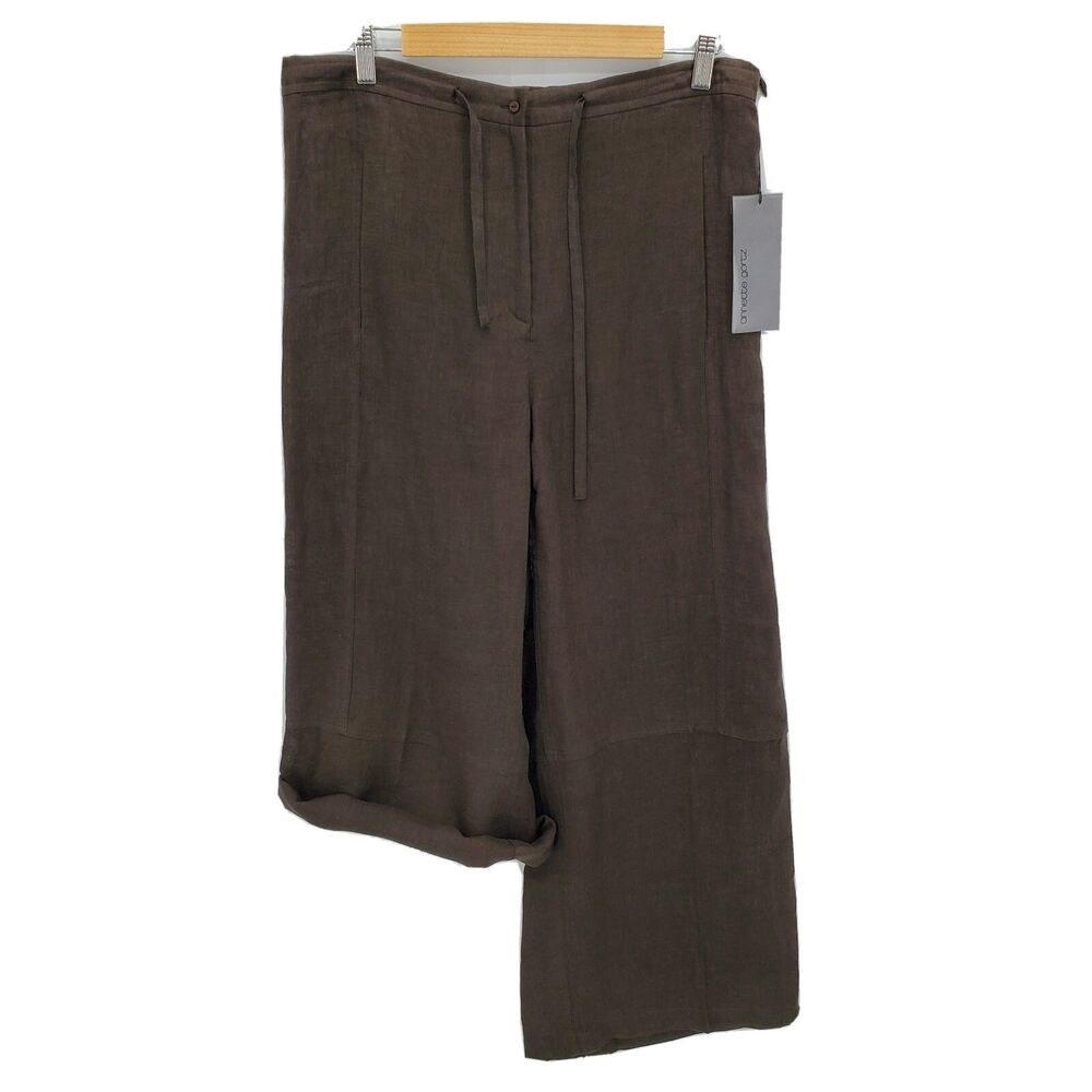 New Annette Gortz Livio Wide Leg Pants Brown 100% Linen Roll Tab Size EU 40
